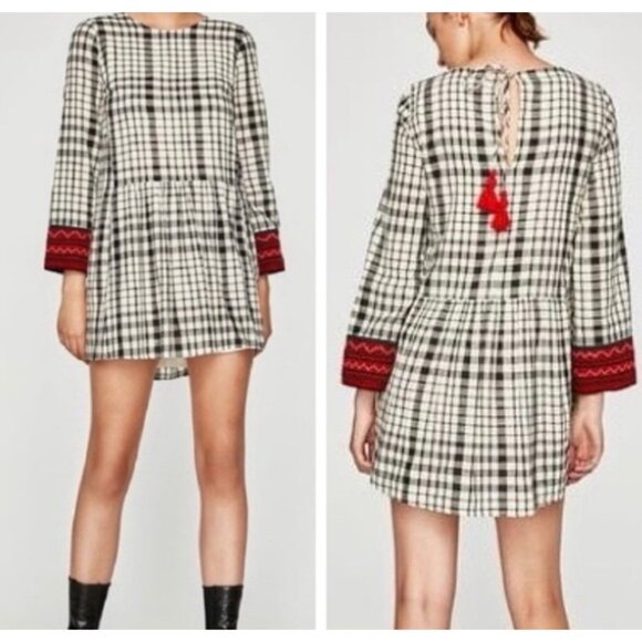 Zara Trafaluc Dress Womens Sz M Checkered Plaid Embroidered Drop Waist Mini Red - Picture 1 of 9